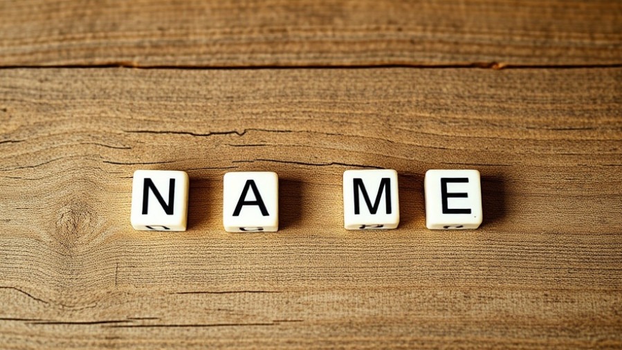 Minimalist lettered dice spelling 'NAME', showcasing business name tips in a rustic setting.