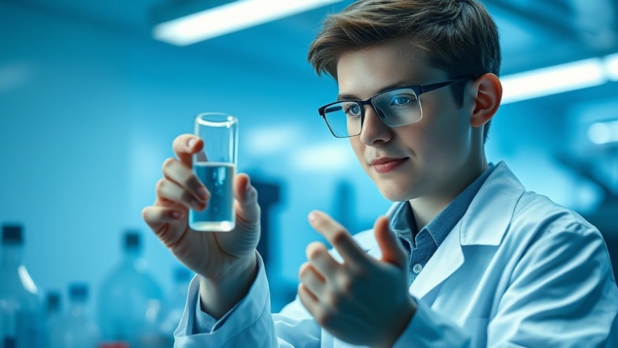 Young scientist in lab coat analyzing glowing vial using Raman spectroscopy.