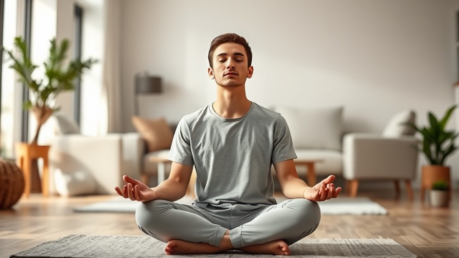 Young man meditating indoors for detoxification and stress relief, enhancing wellness.