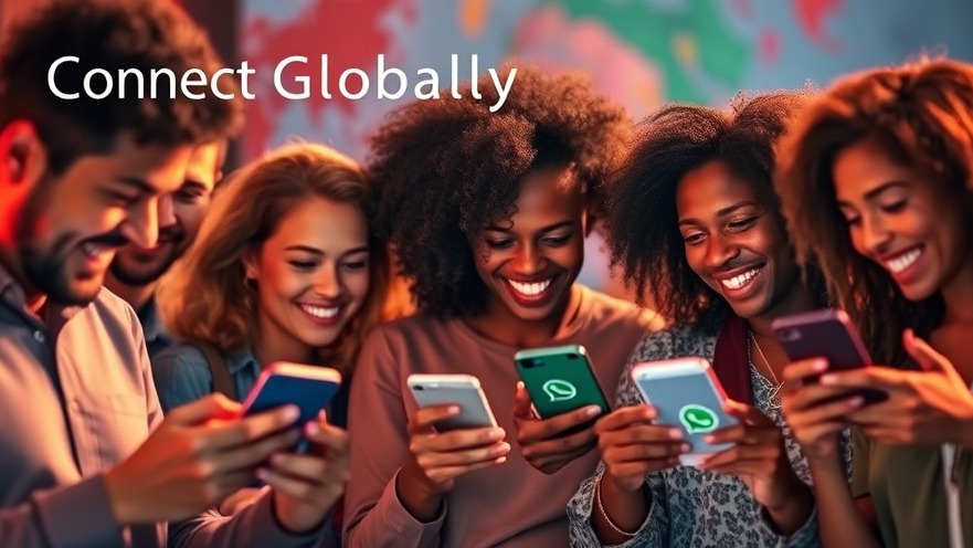 Diverse group joyfully using smartphones to overcome language barriers in global communication.