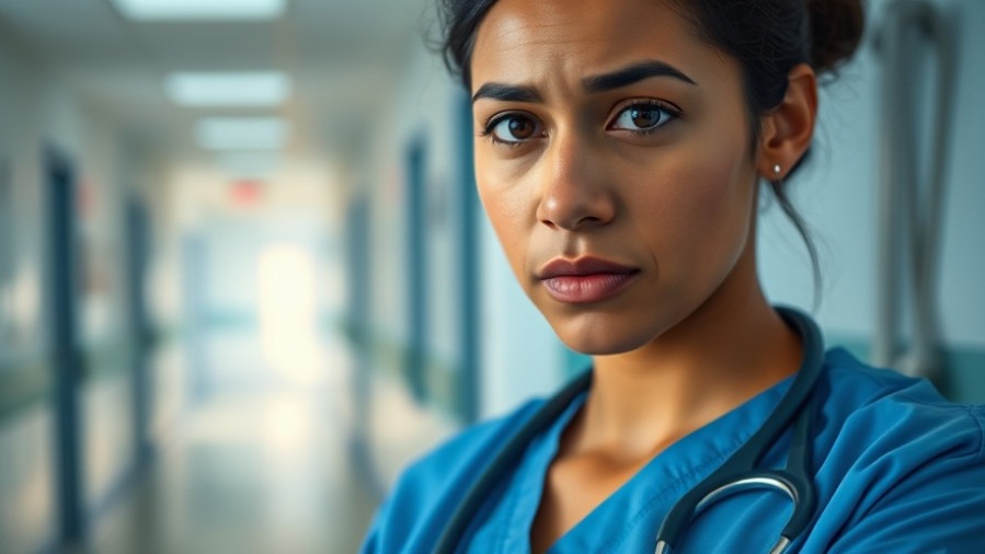 Anxious nurse in hospital hallway, highlighting healthcare job market challenges.