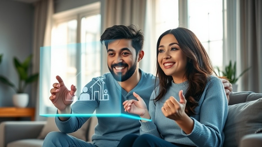 A diverse young couple amazed by a floating holographic home interface in a modern living room, showcasing smart home innovations.
