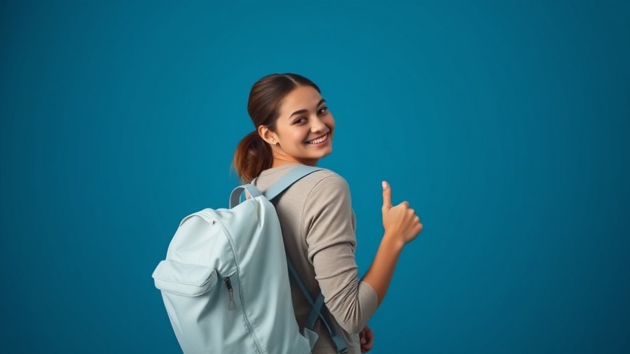 Smiling woman with a travel backpack, showcasing durable travel gear in vibrant scene.
