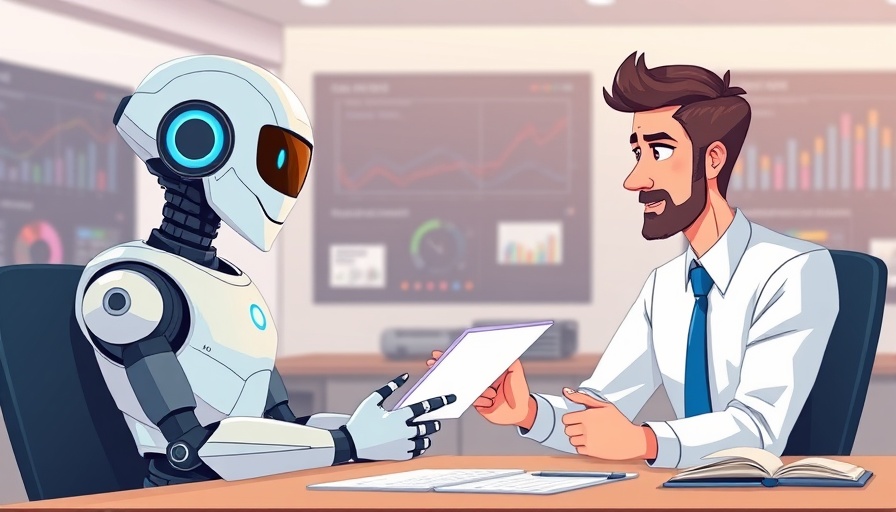 AI agent and businessman discussing liability issues with data charts.