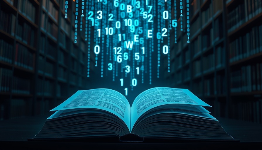 Futuristic book with digital letters in a dark library, authors petition publishers AI books.