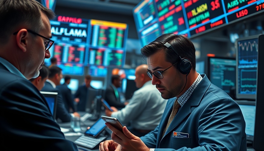 Stock brokers analyzing data on trading floor with AI stocks to buy.