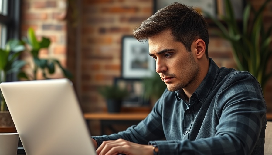 Pensive man in office, focusing intently on laptop work, AI and Critical Thinking