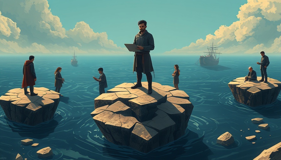 Navigating AI's Future: Abstract figures on floating islands.