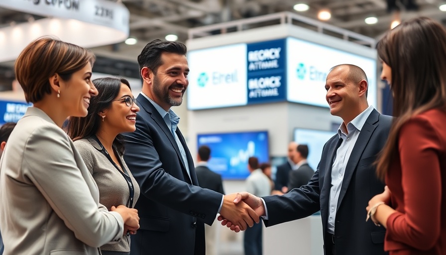 Business professionals at expo discussing AI technology in French real estate market.