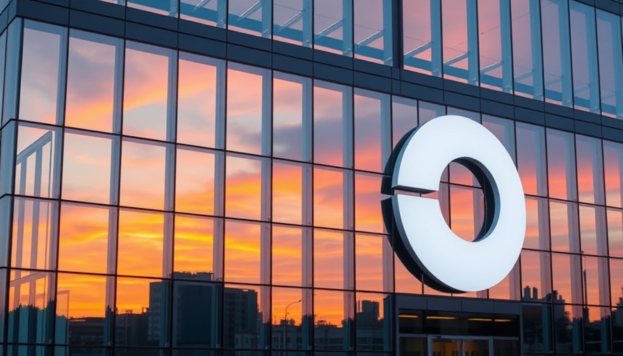 Modern building facade with glass panels reflecting sunset colors, AI and Real Estate Synergies.