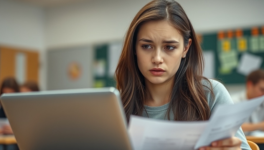 Concerned young woman engaged with a laptop in educational setting, Google Gemini AI in Education discussion.