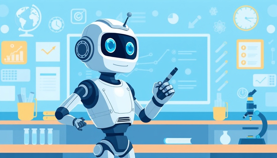 AI robot teaching in digital classroom with educational symbols.