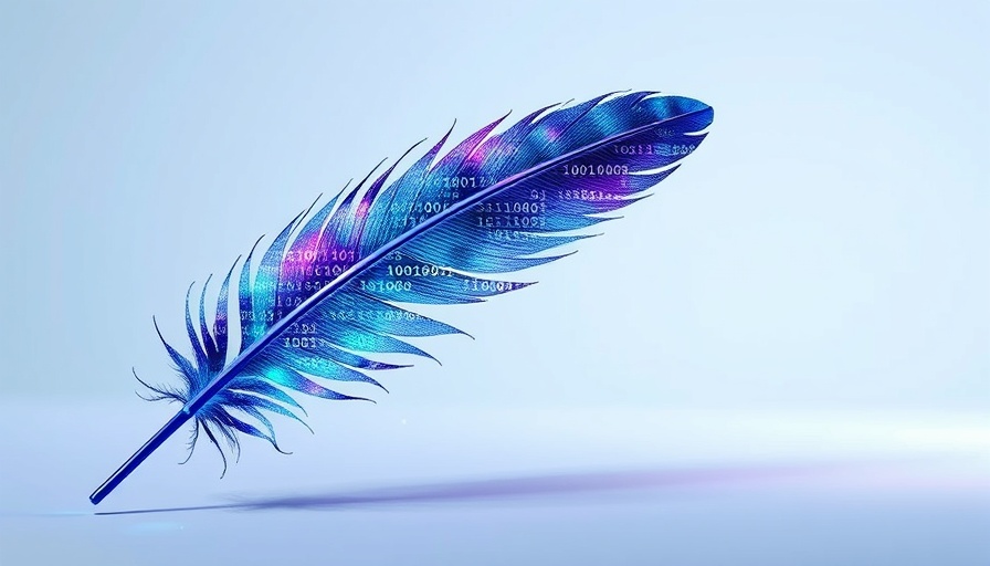 Digital feather with AI code, AI impact on college writing theme.