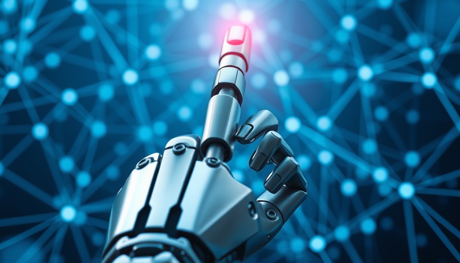 Futuristic robotic hand interacting with digital network, AI-driven home buying concept.