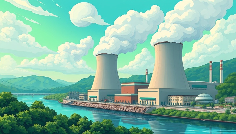 Stylized nuclear plant with steam towers near a river in vibrant landscape.