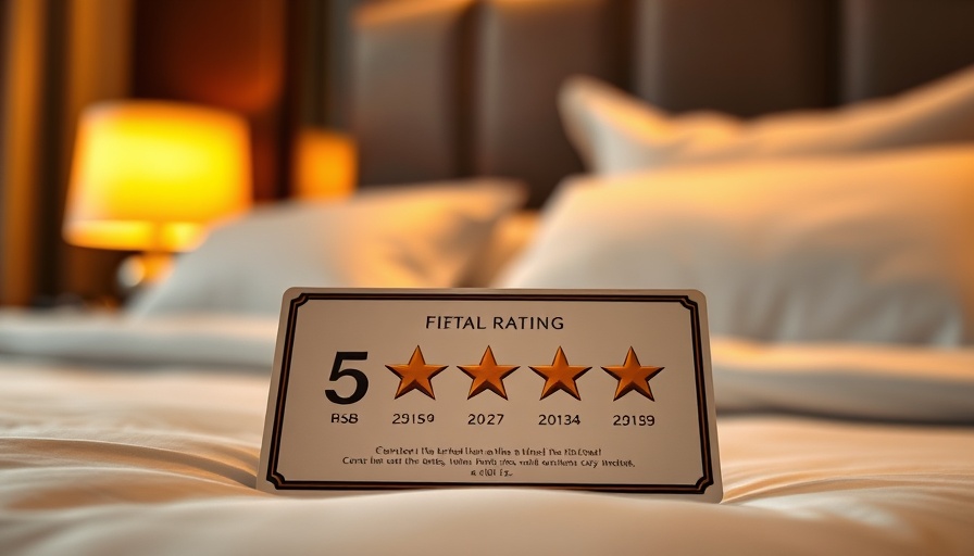 Five-star rating card on hotel bed, illustrating hotel visibility on AI platforms.