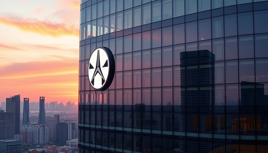 Modern glass building with illuminated logo at sunset.