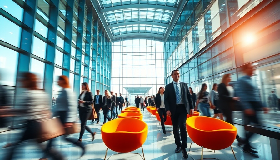 Dynamic professionals moving in a futuristic office 2025.