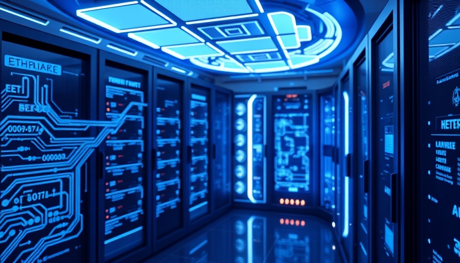 Futuristic AI system interface with blue circuitry in server room.