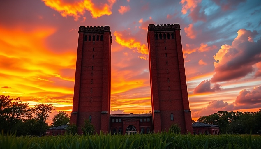Sunset on red brick towers against a dramatic sky, AI in education vibe.