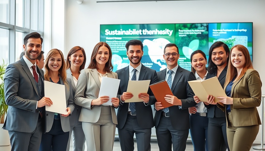 Business professionals at AI-powered carbon audit signing ceremony.