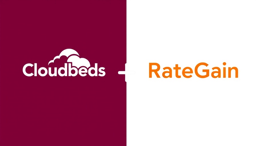 Dynamic partnership logo of Cloudbeds and RateGain on maroon and white background.