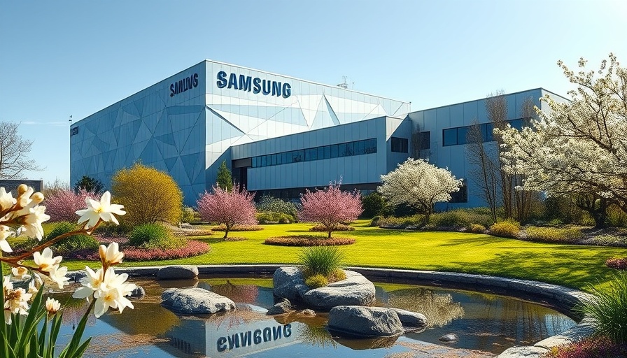Samsung P5 fab construction with geometric mural and landscaped pond.