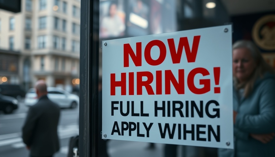Crisp hiring sign on glass door in urban setting, AI-driven tools for exempt managers.