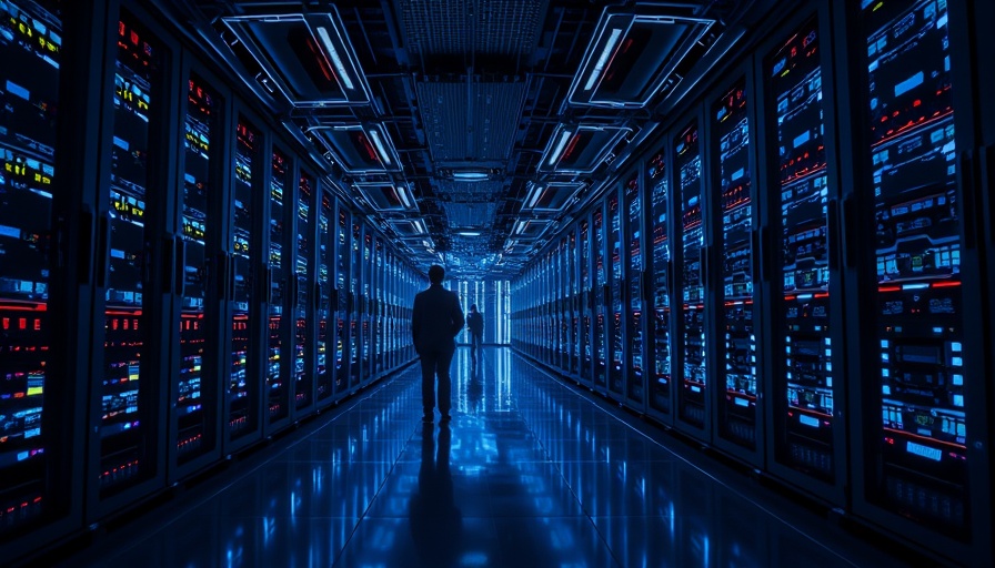 Futuristic data center corridor with glowing blue servers, indicating high-tech AI construction environment by Procore Technologies.