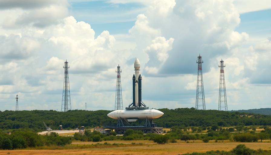 Wide-angle view of a space launch facility with rocket transport, promoting Invest in SpaceX.