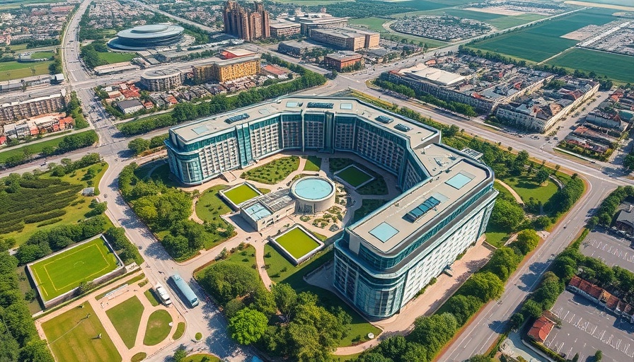 Aerial view of AI-native hotel complex surrounded by greenery.