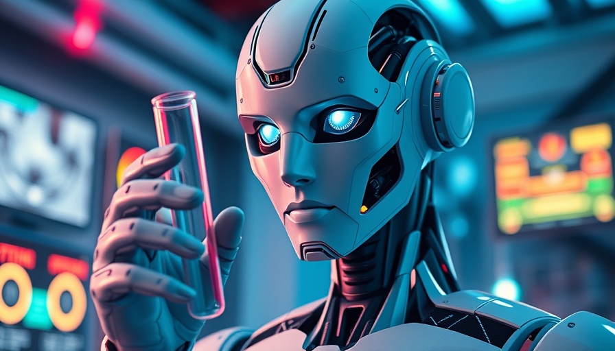 AI in drug development: robot analyzing lab samples.