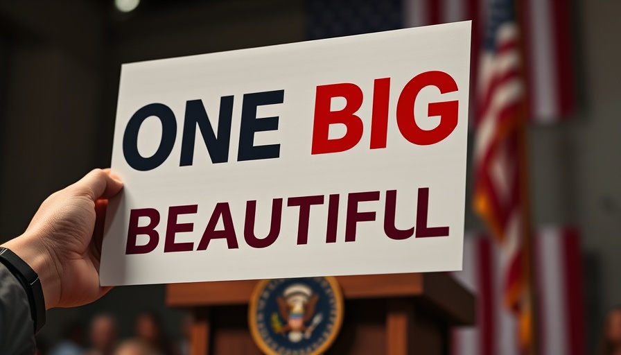 Hand holding sign reading 'ONE BIG BEAUTIFUL' near podium.