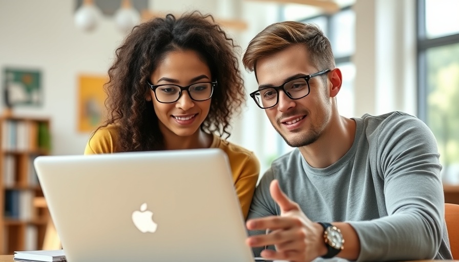 Young adults using laptop in modern educational setting, next-generation AI tools for education.