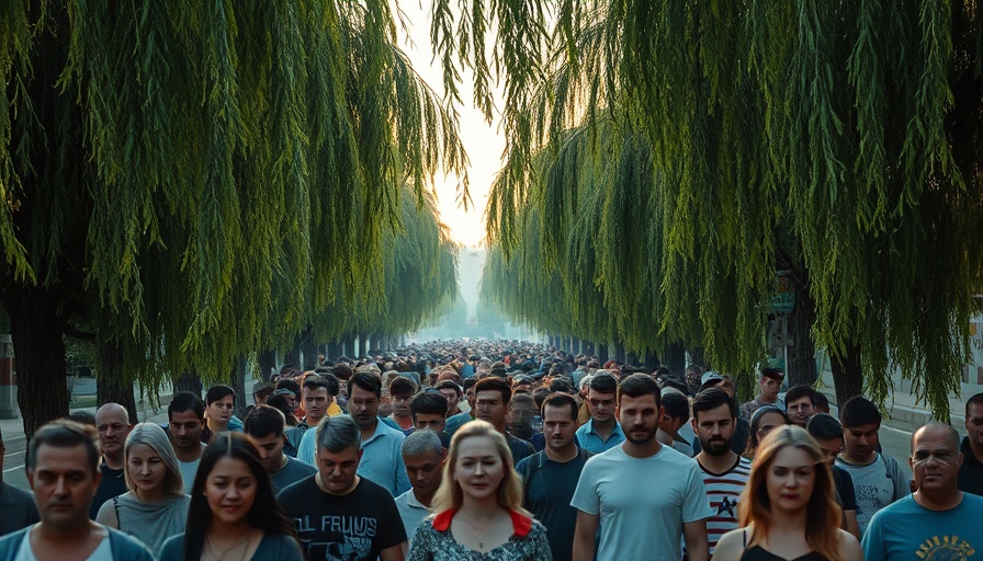 Evening stroll under willow trees in Hangzhou, crowd enjoying dusk.