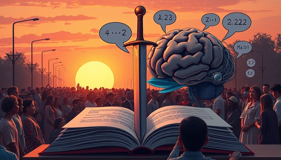 Surreal illustration of AI in education with a brain and sword.