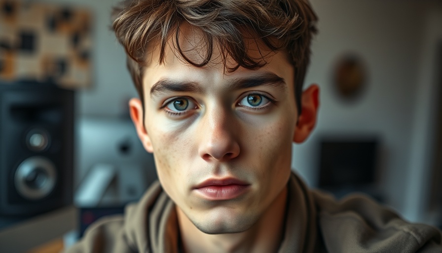 AI Arsenal: Young man serious expression, indoor setting.