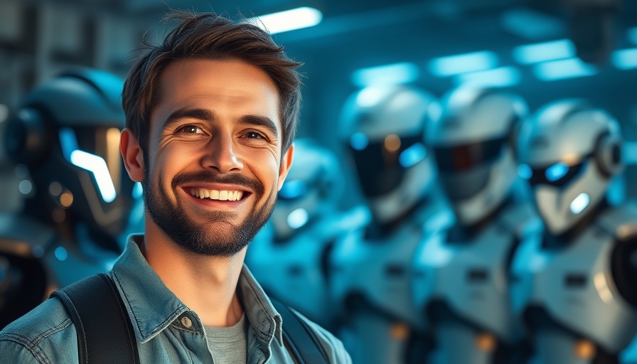 AI Arsenal concept with man and futuristic robots.