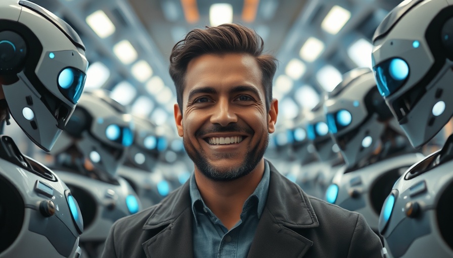 Confident man mastering AI skills with futuristic robots.