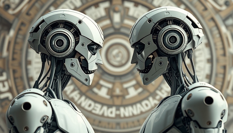 Intricately designed humanoid robots, facing each other, real AI agents concept.