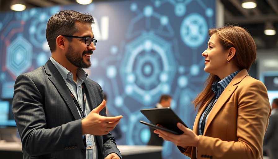 AI in Hospitality professionals discussing technology at a conference booth.