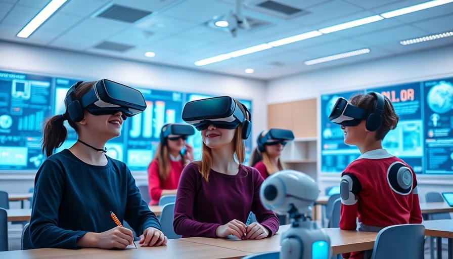 AI in Education: Futuristic classroom with robots and VR learning