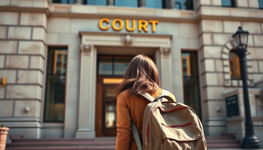 Young woman near courthouse, linking fabricated AI information in court.