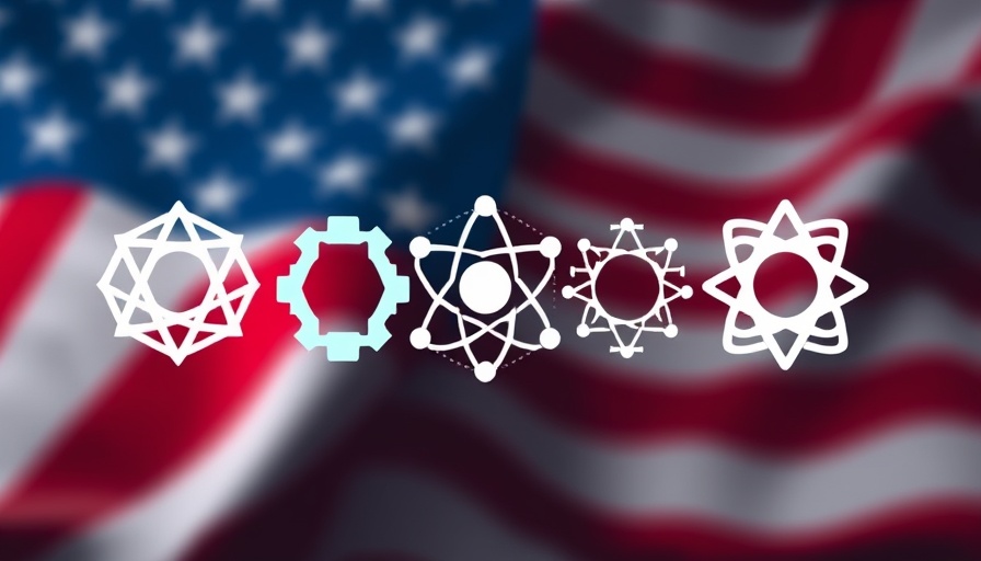 Technology logos over blurred American flag, AI training academy for teachers theme.