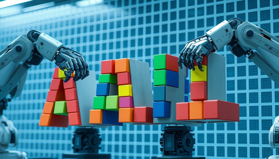 Robotic arms construct AI letters, symbolizing AI Growth in Construction Logistics and Industrial.