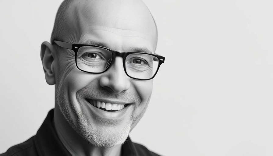 Smiling bald man with glasses in a black and white portrait.