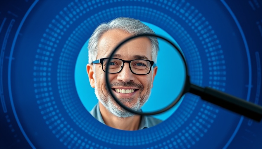 Circular portrait of smiling man on digital-themed design with magnifying glass.