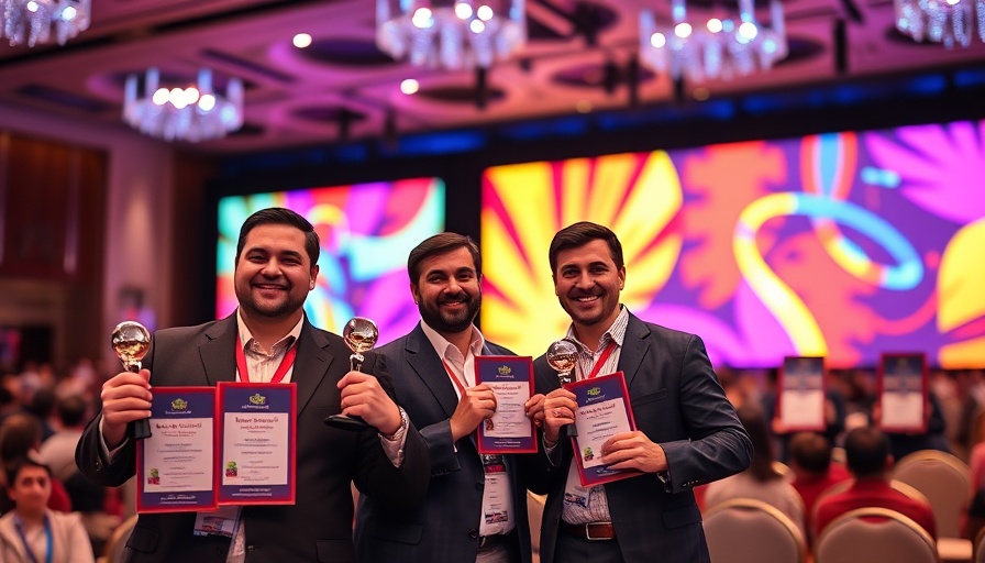 E20X 2025 Finalists on stage holding awards at a vibrant event.