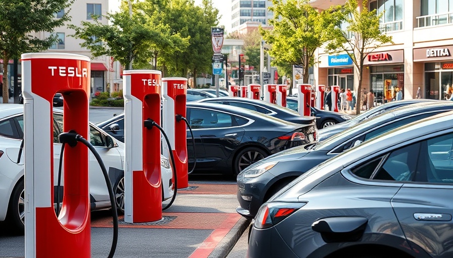 Tesla vehicles at charging stations in shopping plaza for Trump EV Bill Takeaways.