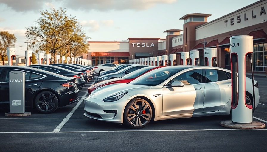 Tesla charging stations with electric cars at a shopping center.